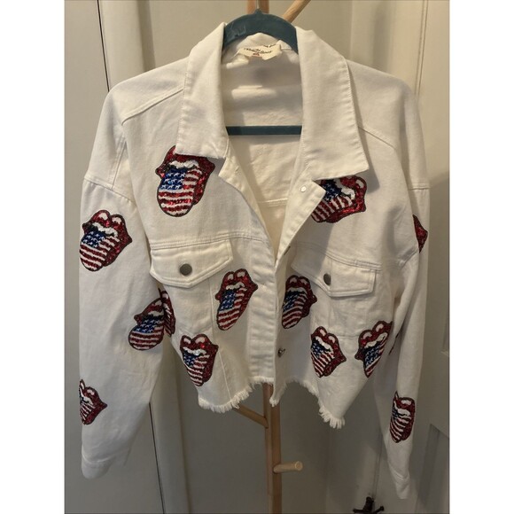 Fantastic Fawn Women’s White Denim Jacket Rolling Stones Sequin Patches Large - Picture 1 of 5